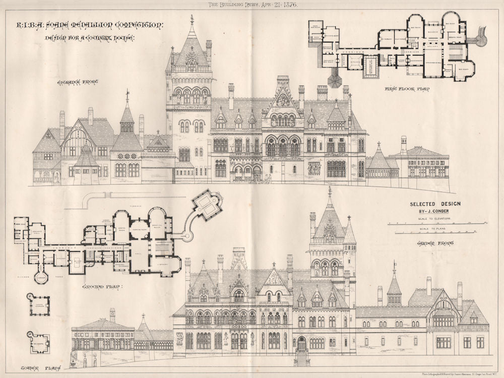 RIBA Soane Medallion competition; country house design by J. Conder 1876 print